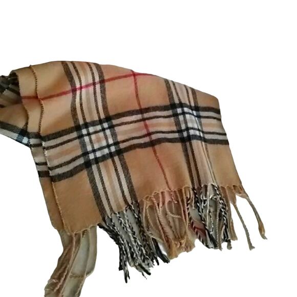 Classic Nova Check Scarf Tan Black Plaid Tartan Checkered Soft Fringed Luxe - Picture 3 of 5